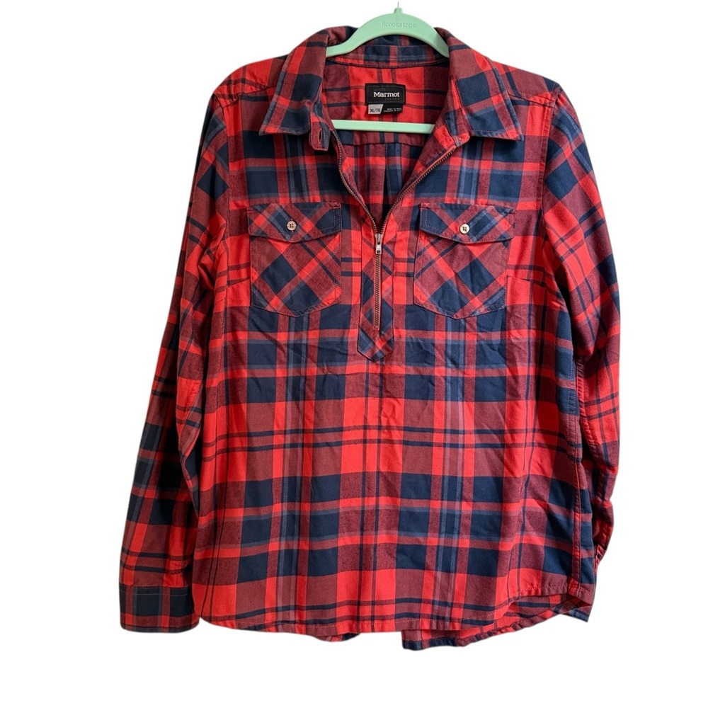 Marmot Women’s Red and Blue 1/2 zip Plaid Shirt